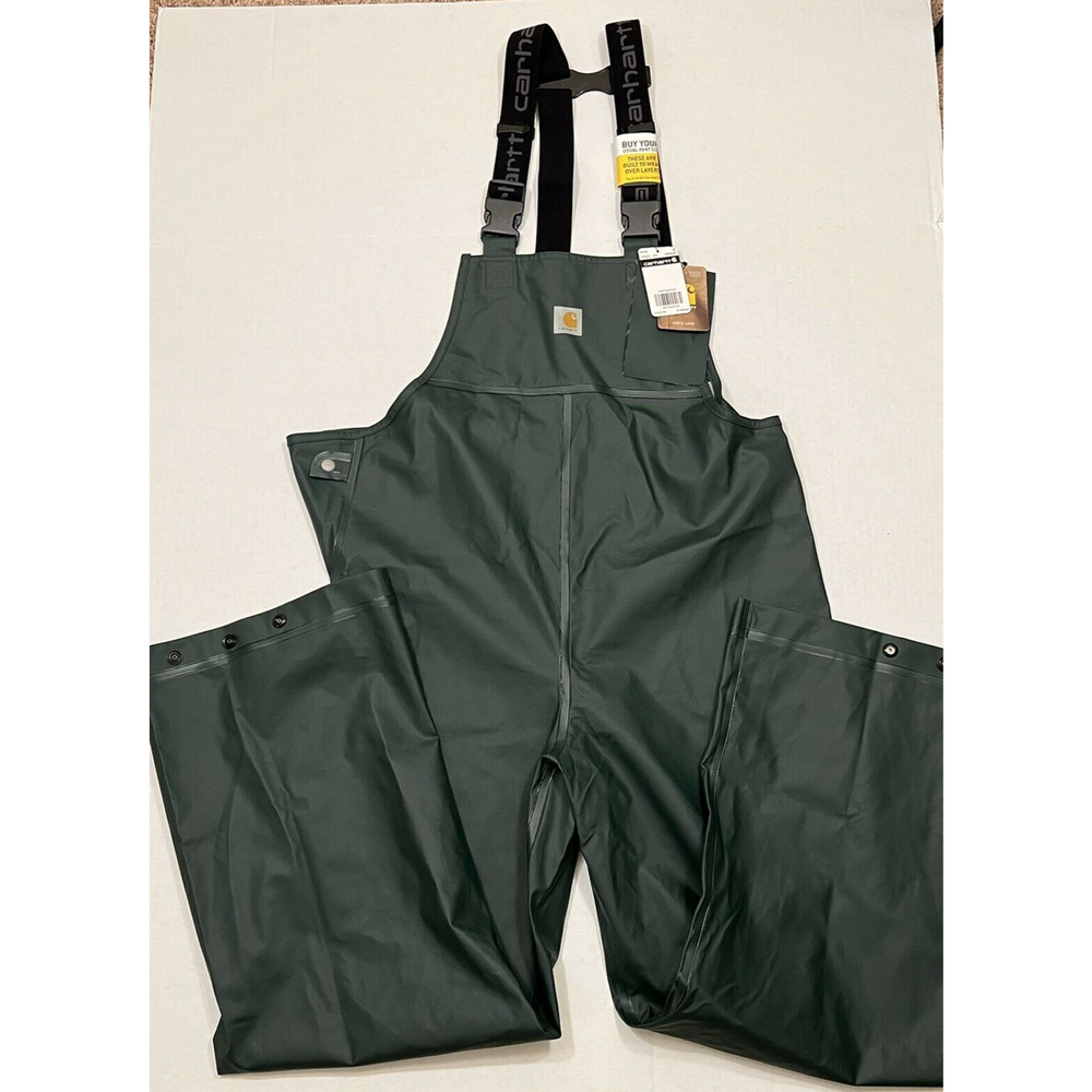 Carhartt Men's Green Polyethylene/Polyester Waterproof Rain Storm Bibs small
